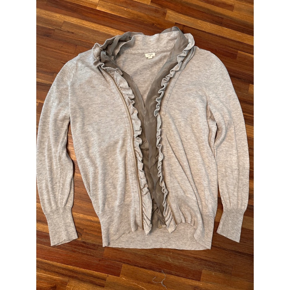 J.Crew Cardigan Sweater Womens Medium Tan Excellent Ruffle Zip Front Silk Trim